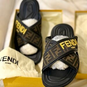 Fendi Black and Brown Logo Slides